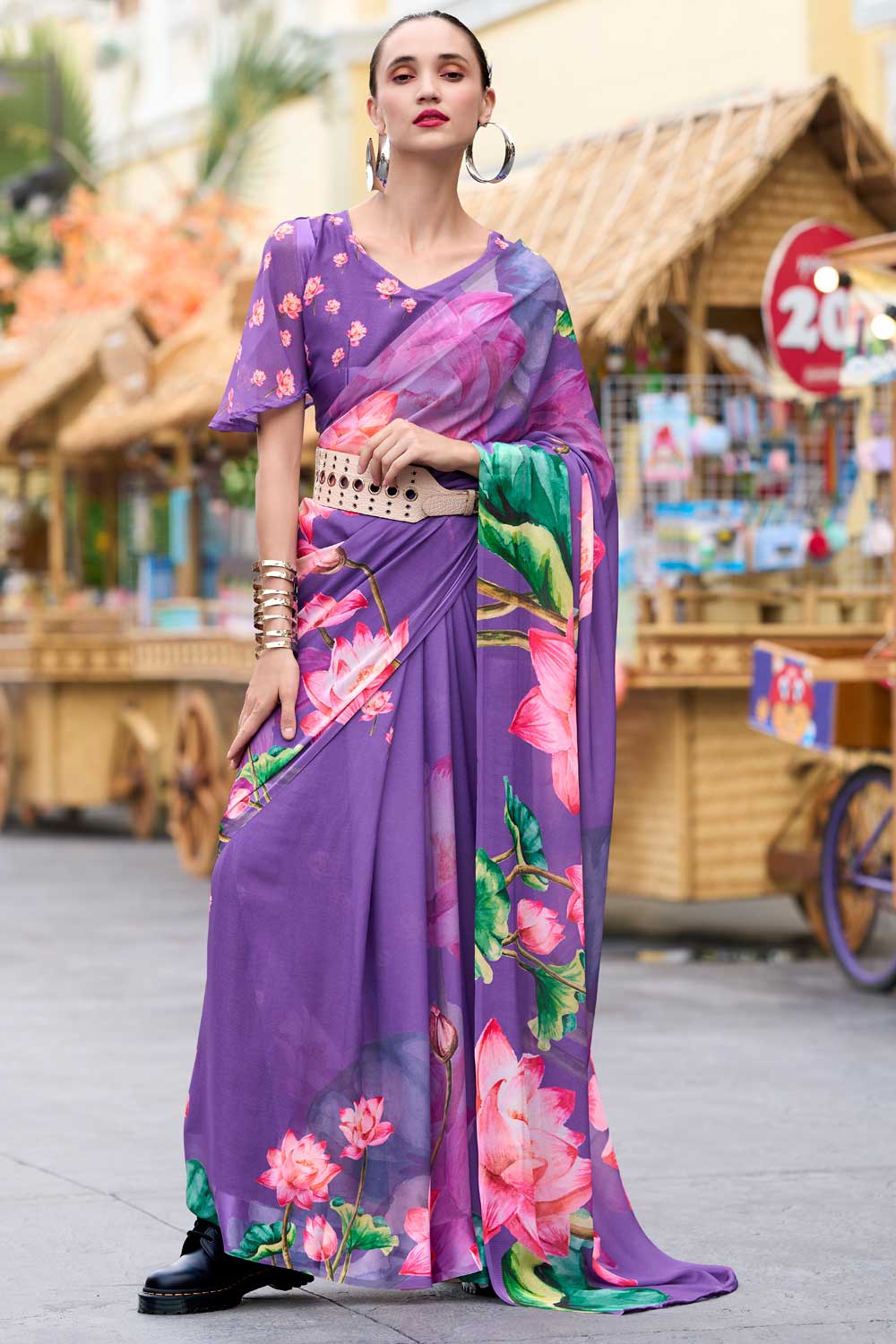 Captivating Purple Floral Printed Saree In Georgette Fabric | Buy Online India