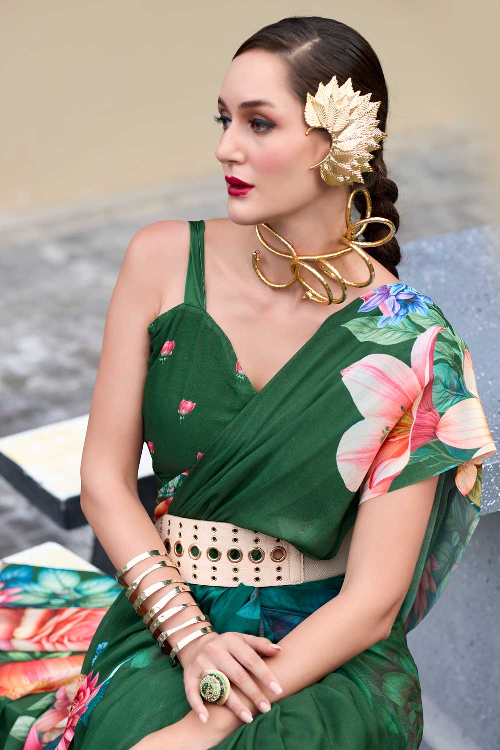 Gorgeous Look Floral Printed Saree In Dark Green Georgette Fabric | Buy Online India