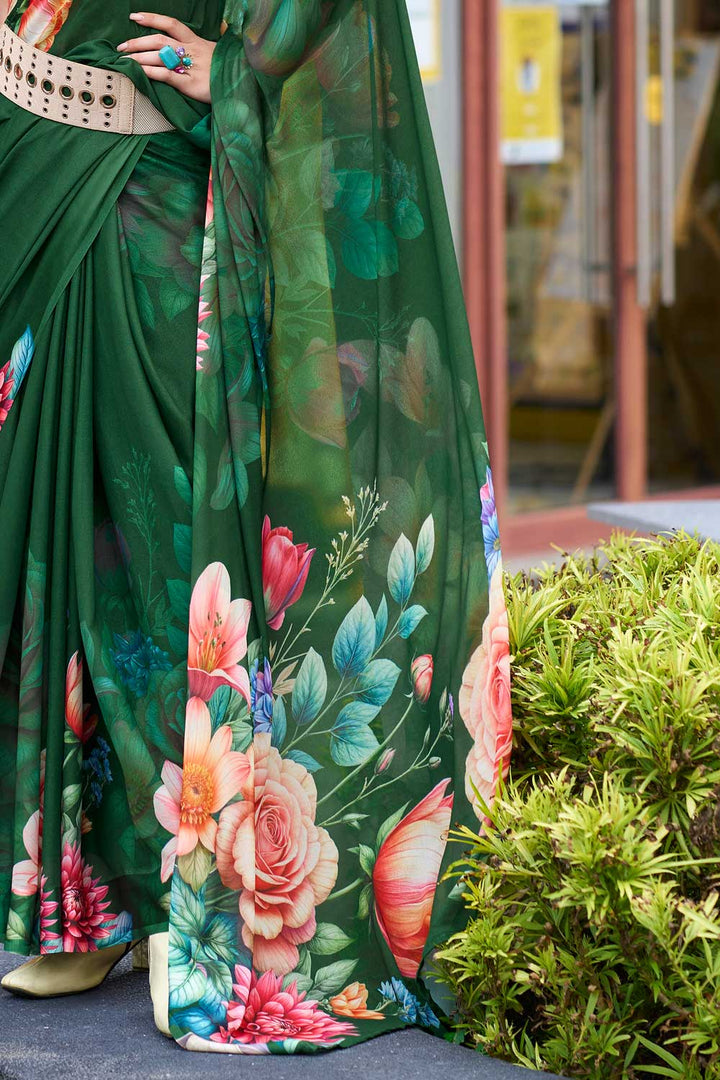 Gorgeous Look Floral Printed Saree In Dark Green Georgette Fabric | Buy Online India