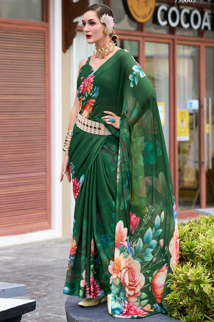 Gorgeous Look Floral Printed Saree In Dark Green Georgette Fabric | Buy Online India