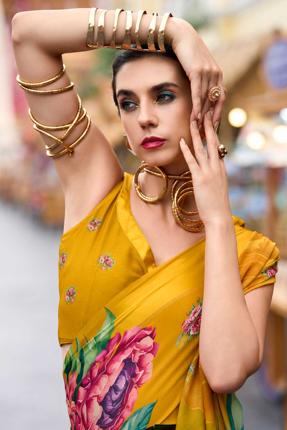 Yellow Floral Printed Saree with Ethereal Georgette Fabric | Buy Online India
