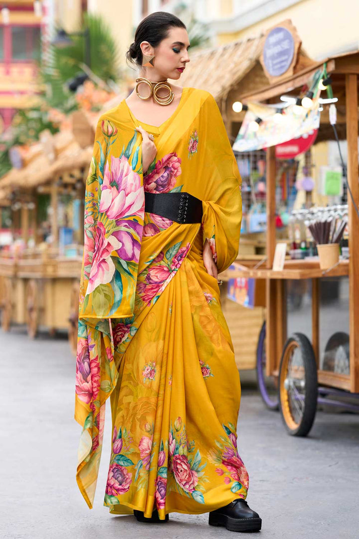 Yellow Floral Printed Saree with Ethereal Georgette Fabric | Buy Online India