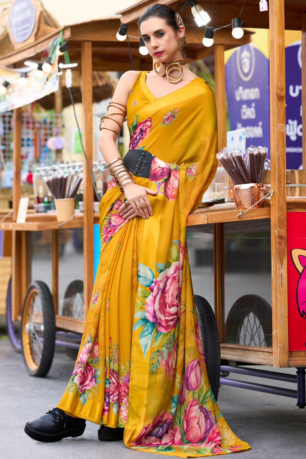 Yellow Floral Printed Saree with Ethereal Georgette Fabric | Buy Online India