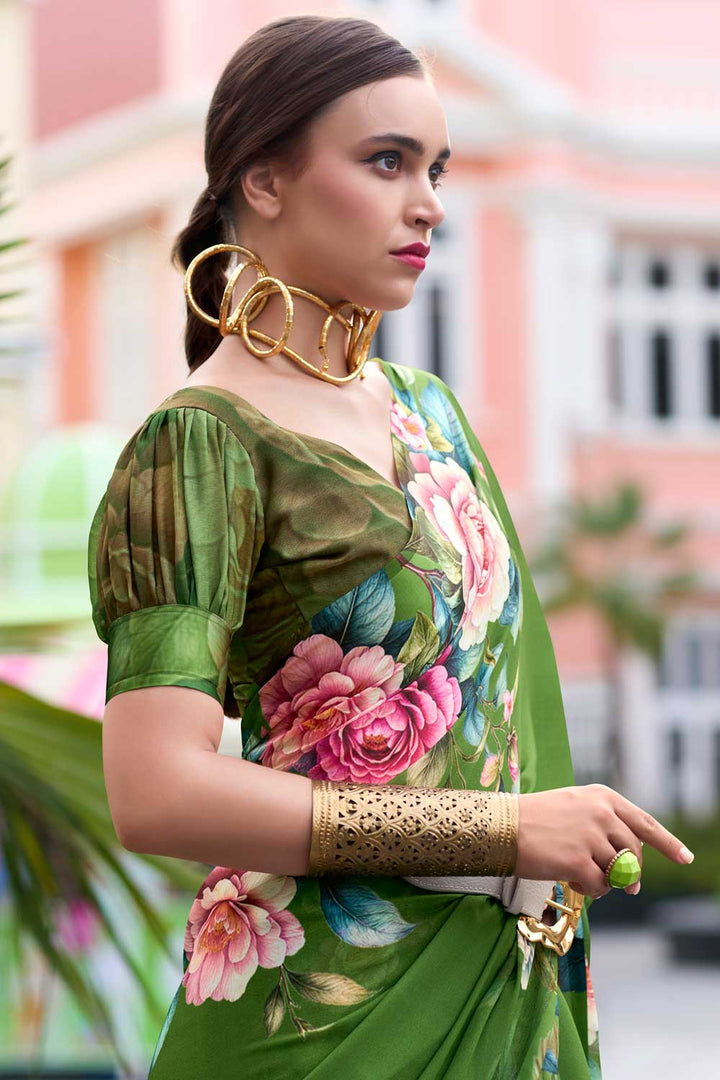 Stylish Green Color Floral Printed Saree in Georgette Fabric | Buy Online India