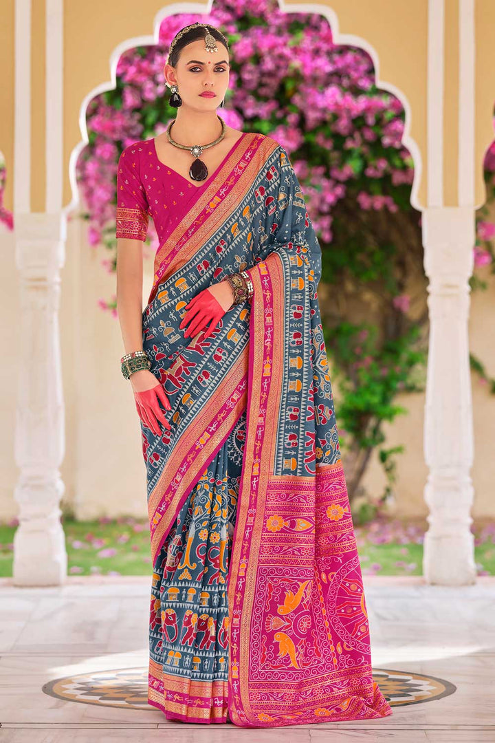 Grey Color Exquisite Art Silk Printed Saree | Buy Online India