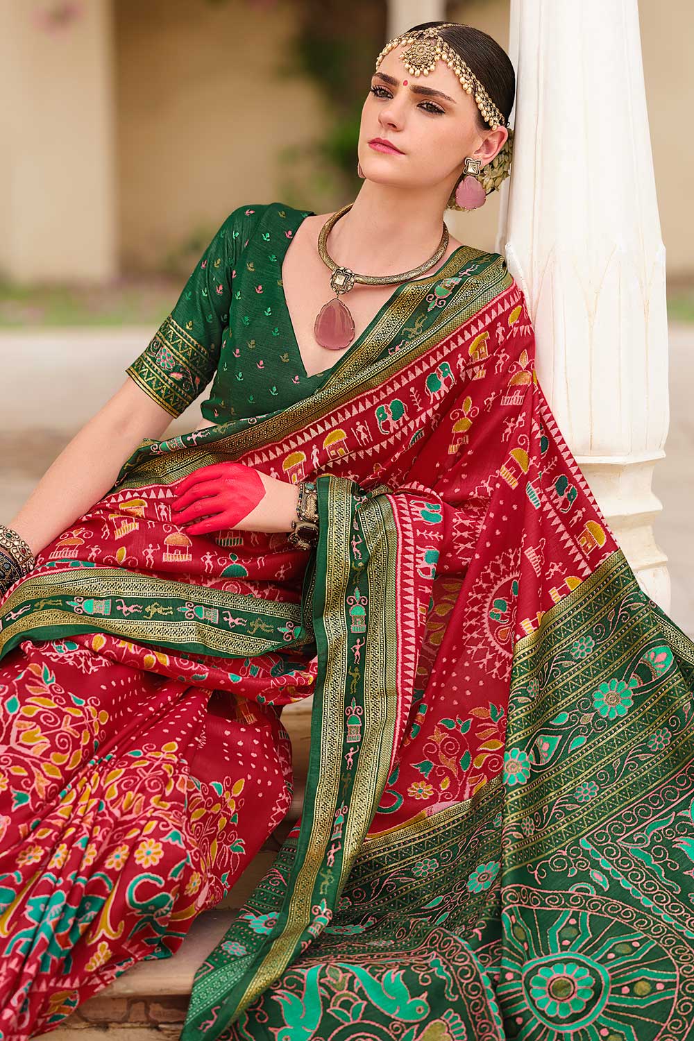 Attractive Art Silk Printed Saree In Red Color | Buy Online India