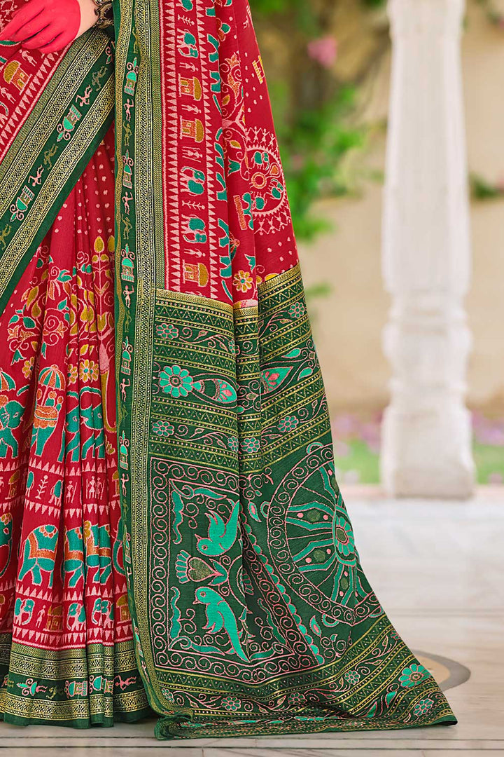 Attractive Art Silk Printed Saree In Red Color | Buy Online India