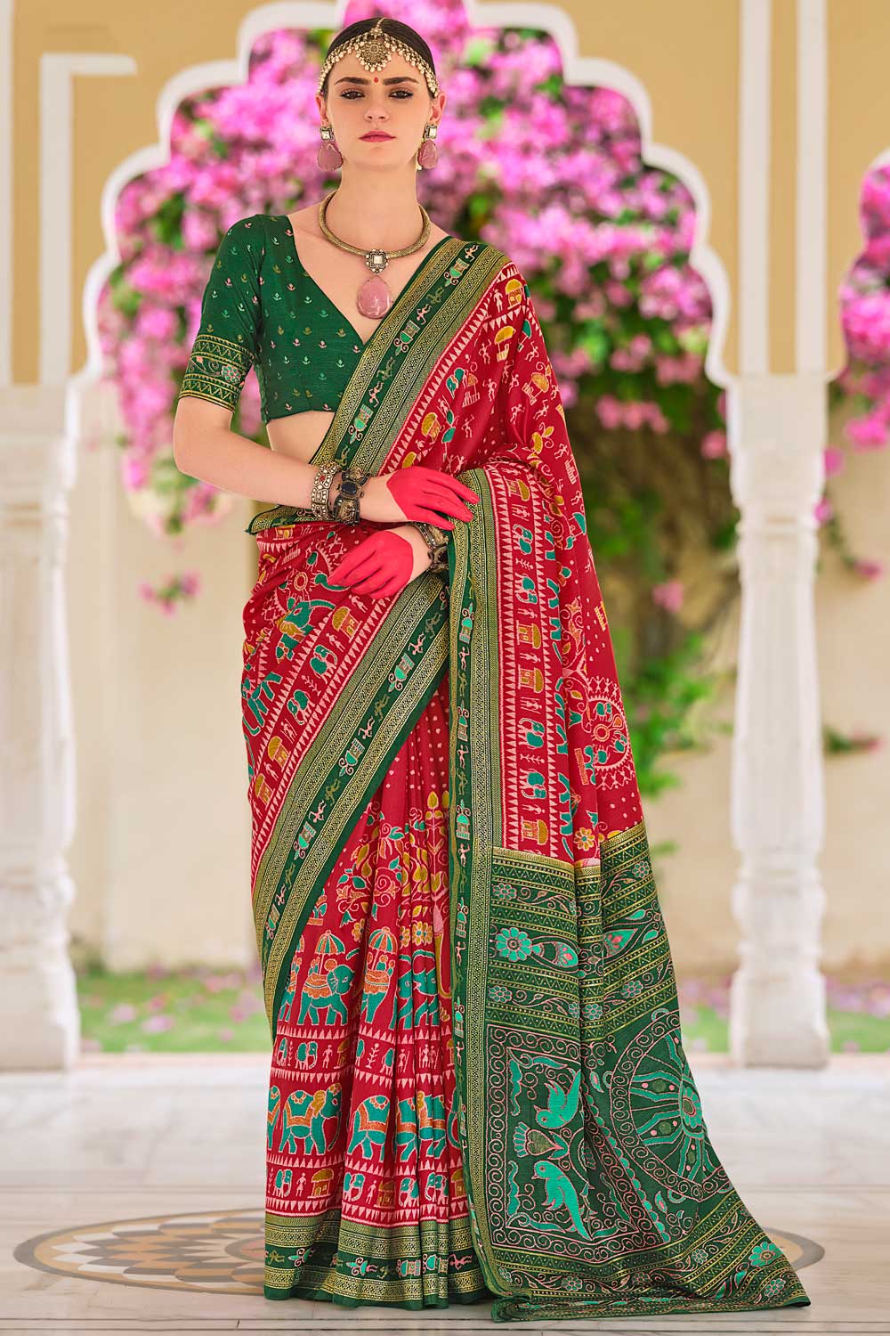 Attractive Art Silk Printed Saree In Red Color | Buy Online India