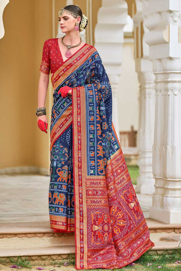Blazing Navy Blue Color Art Silk Printed Saree | Buy Online India