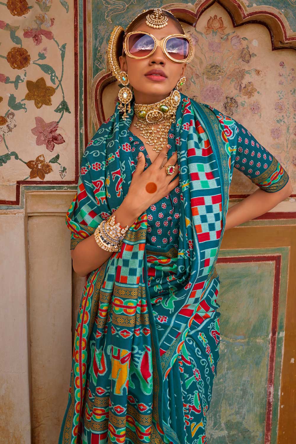 Imposing Art Silk Printed Saree In Teal Color | Buy Online India