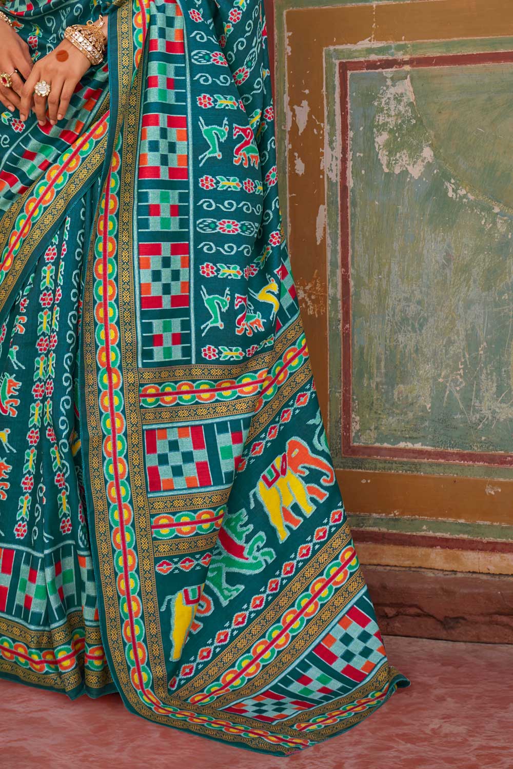 Imposing Art Silk Printed Saree In Teal Color | Buy Online India