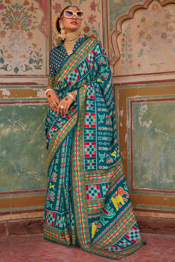Imposing Art Silk Printed Saree In Teal Color | Buy Online India
