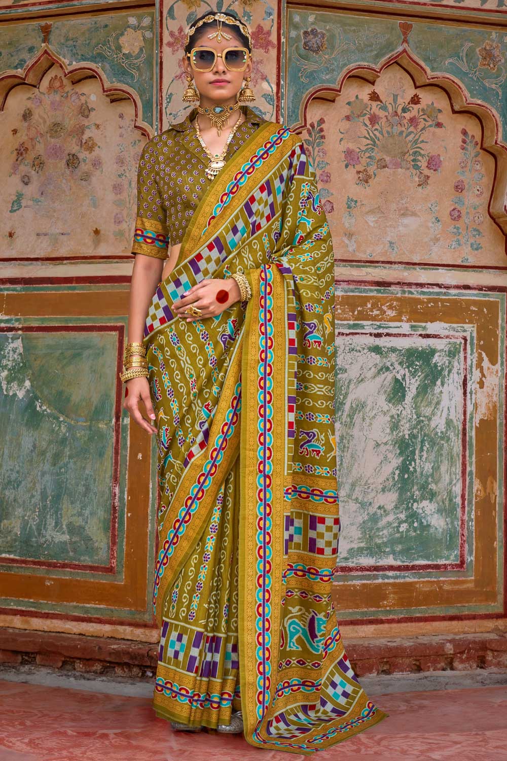 Soothing Art Silk Printed Saree In Mustard Color | Buy Online India