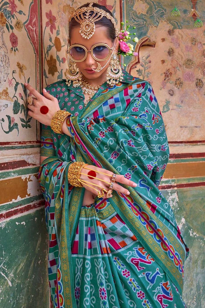 Cyan Color Glorious Art Silk Printed Saree | Buy Online India