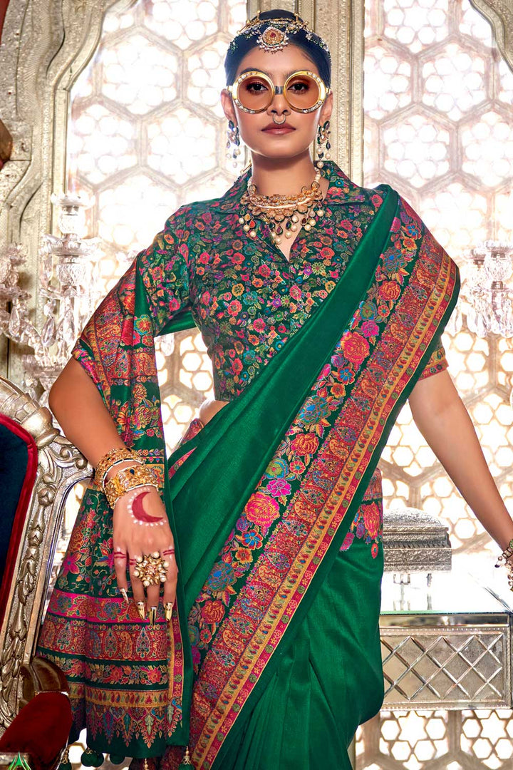 Green Color Printed Work On Art Silk Chic Saree | Buy Online India