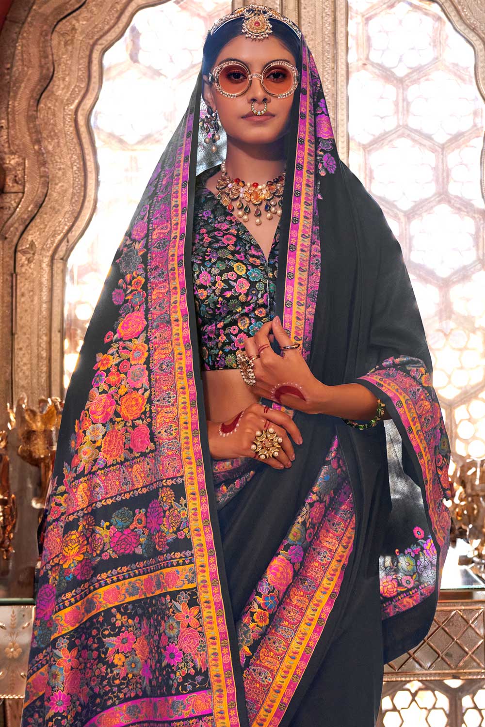Soothing Printed Work On Black Color Art Silk Saree | Buy Online India