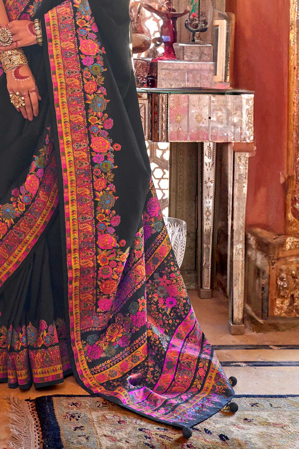 Soothing Printed Work On Black Color Art Silk Saree | Buy Online India