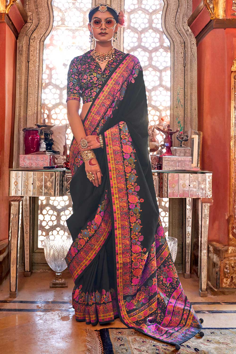 Soothing Printed Work On Black Color Art Silk Saree | Buy Online India