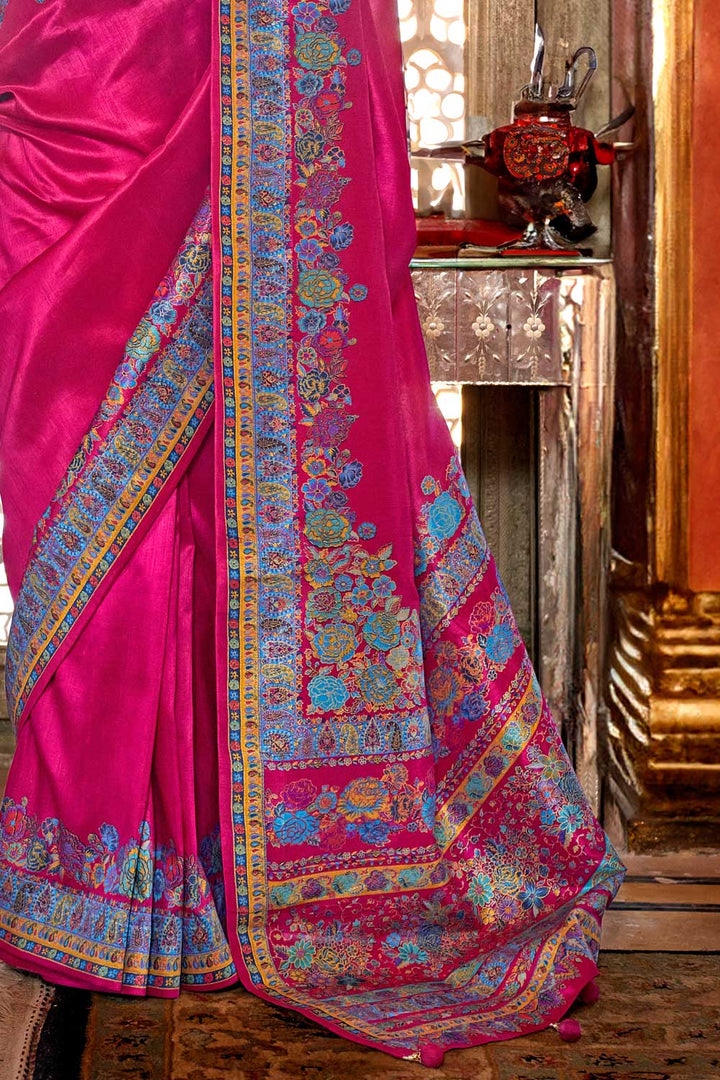 Printed Work On Art Silk Rani Color Gorgeous Saree | Buy Online India