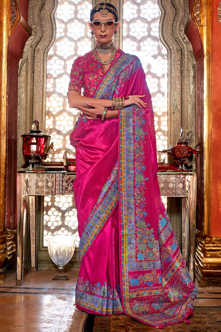 Printed Work On Art Silk Rani Color Gorgeous Saree | Buy Online India