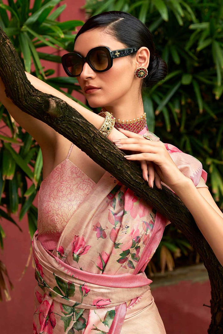 Art Silk Fabric Pink Color Riveting Floral Printed Saree | Buy Online India