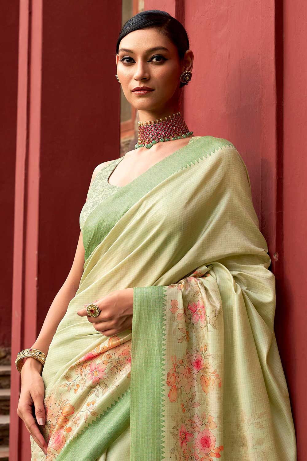 Art Silk Fabric Sea Green Color Patterned Floral Printed Saree | Buy Online India