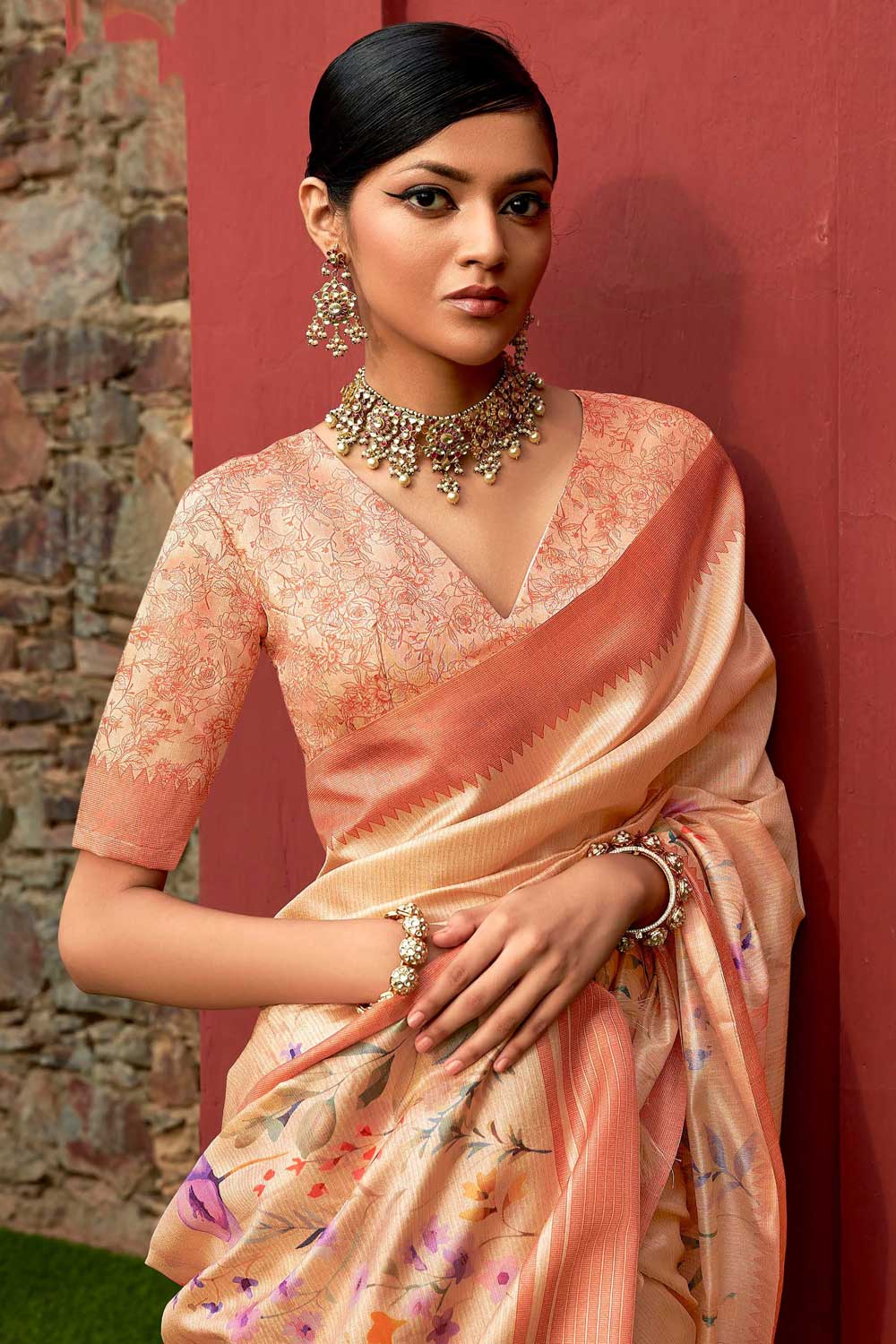 Peach Color Art Silk Fabric Engaging Floral Printed Saree | Buy Online India