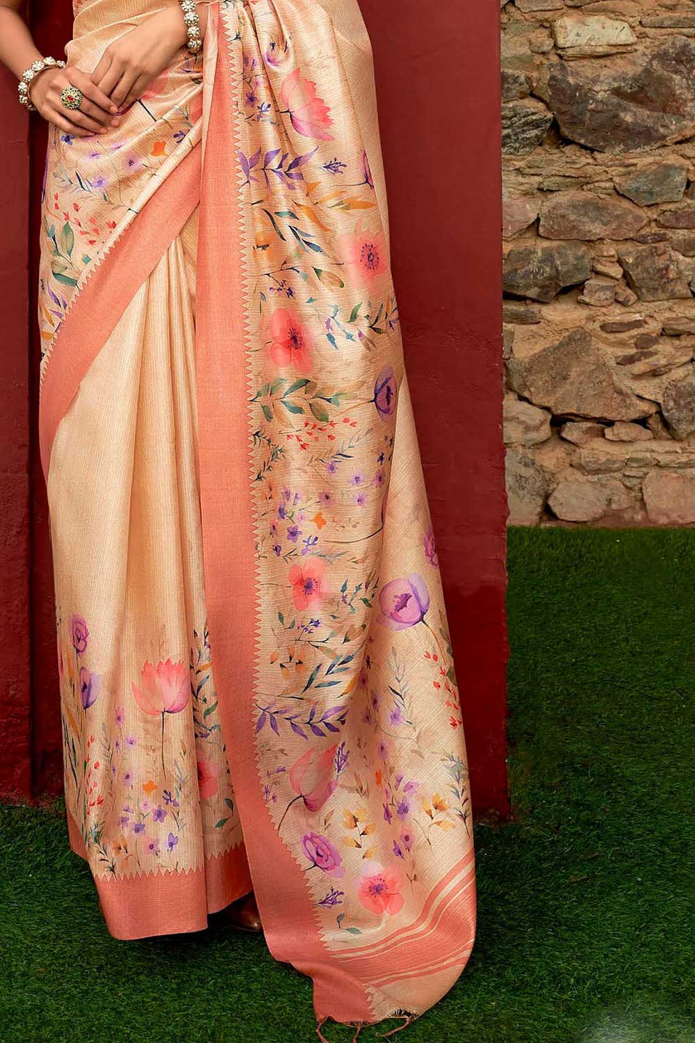Peach Color Art Silk Fabric Engaging Floral Printed Saree | Buy Online India