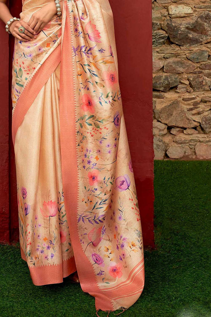 Peach Color Art Silk Fabric Engaging Floral Printed Saree | Buy Online India