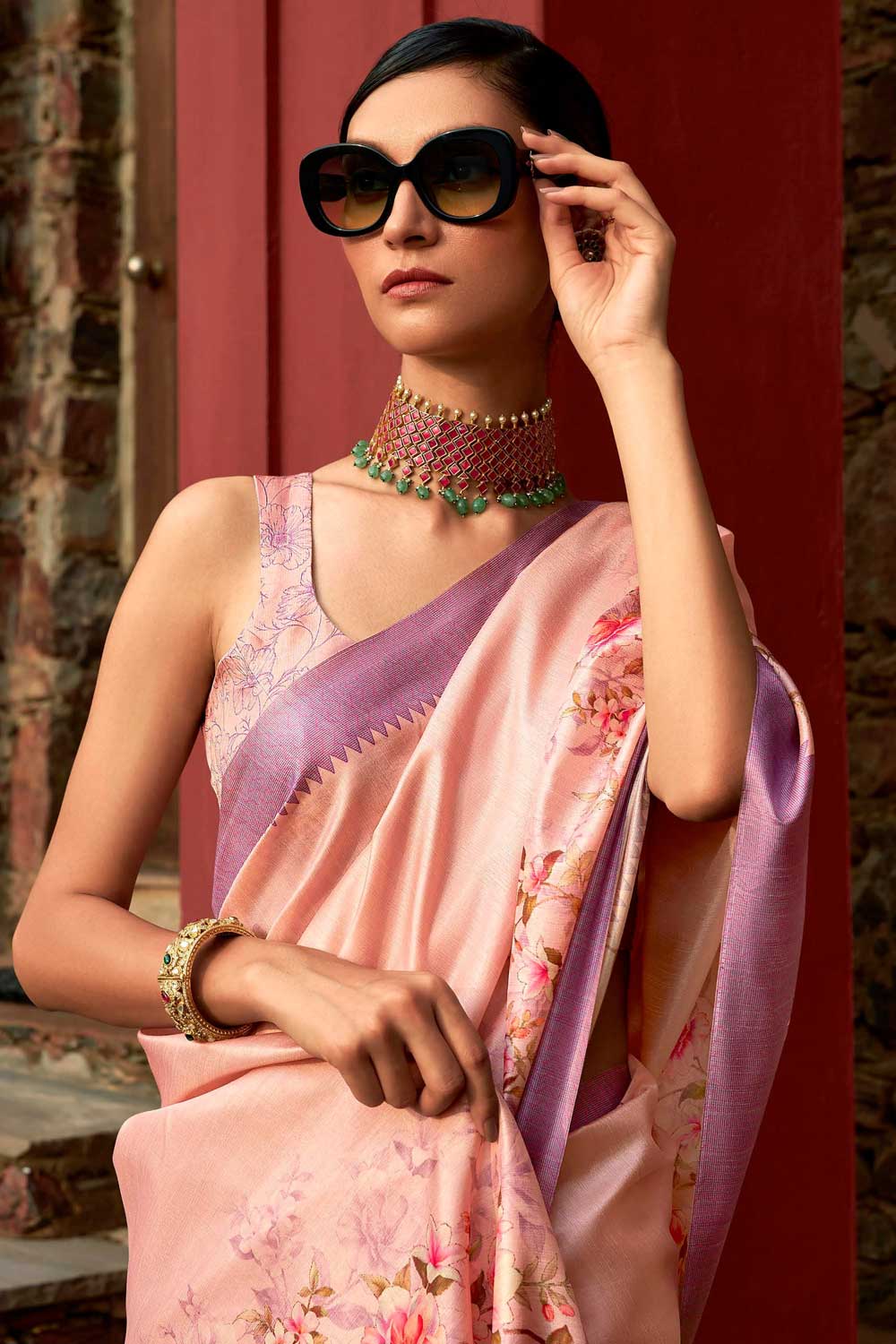 Creative Pink Color Art Silk Fabric Floral Printed Saree | Buy Online India