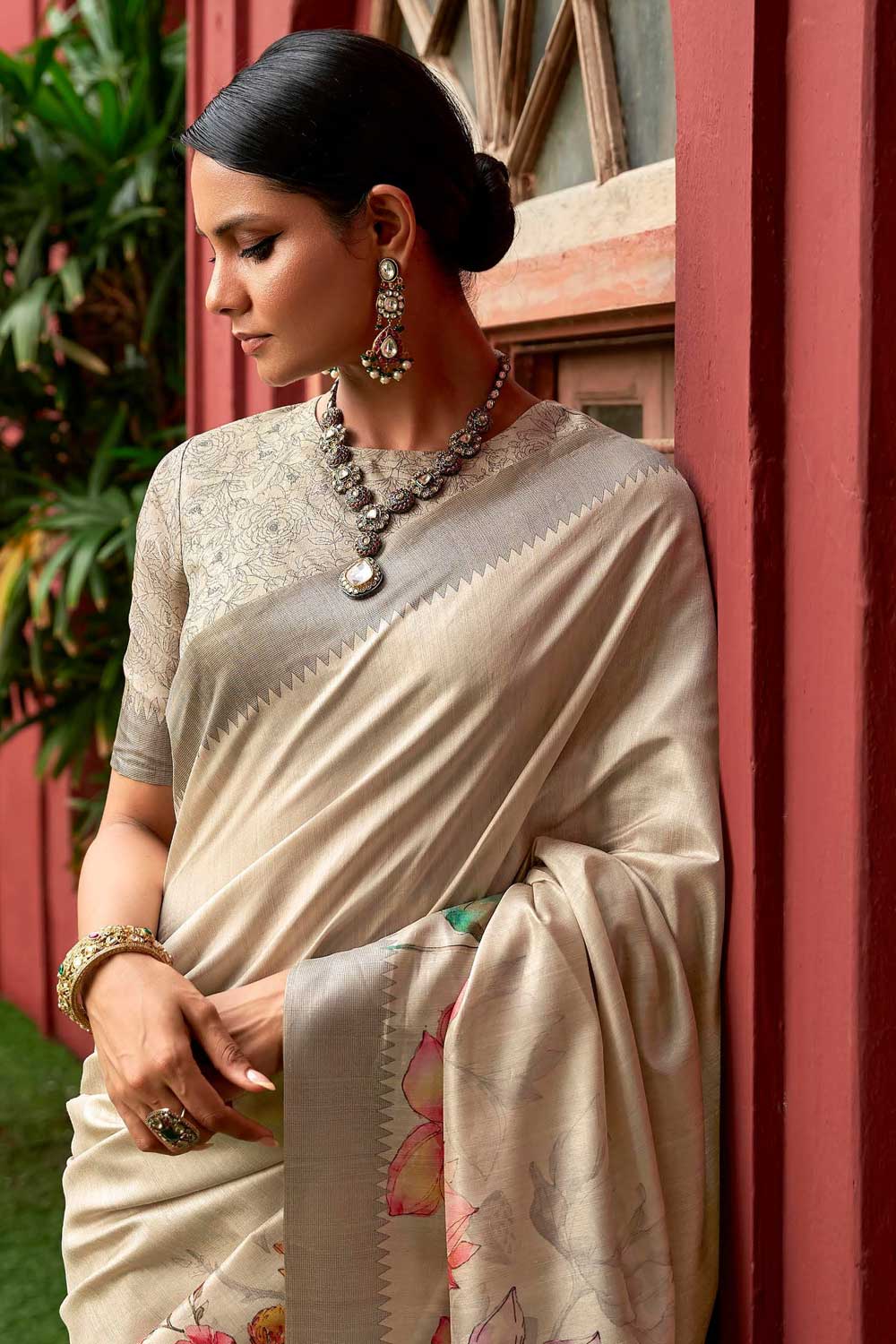 Excellent Art Silk Fabric Beige Color Floral Printed Saree | Buy Online India