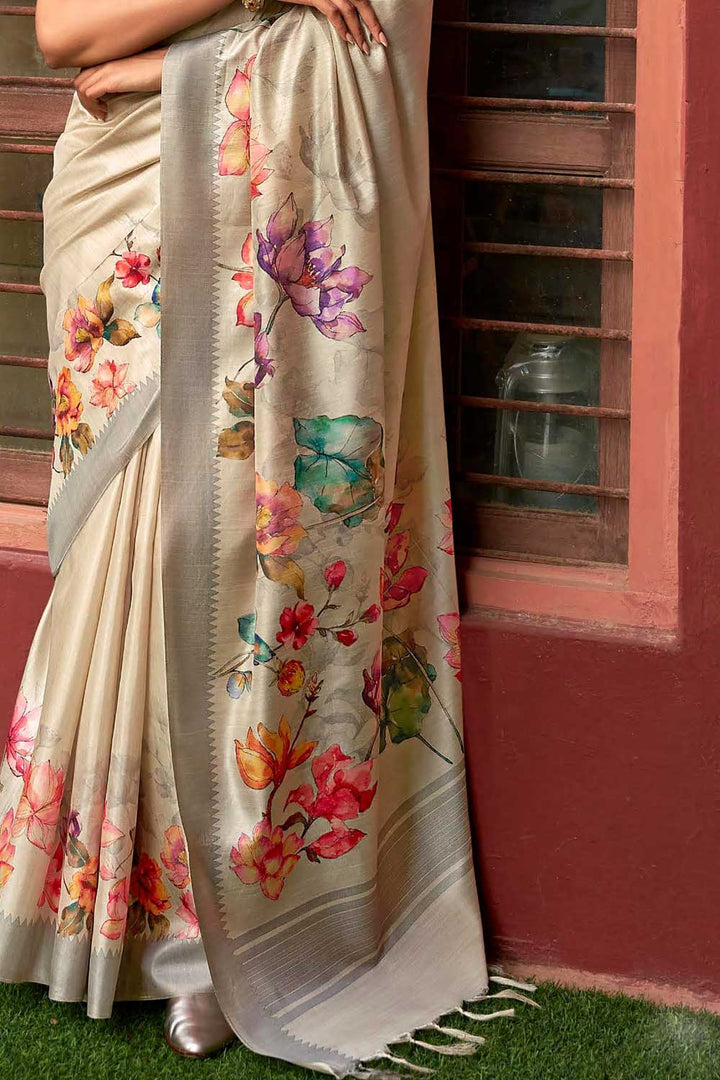 Excellent Art Silk Fabric Beige Color Floral Printed Saree | Buy Online India