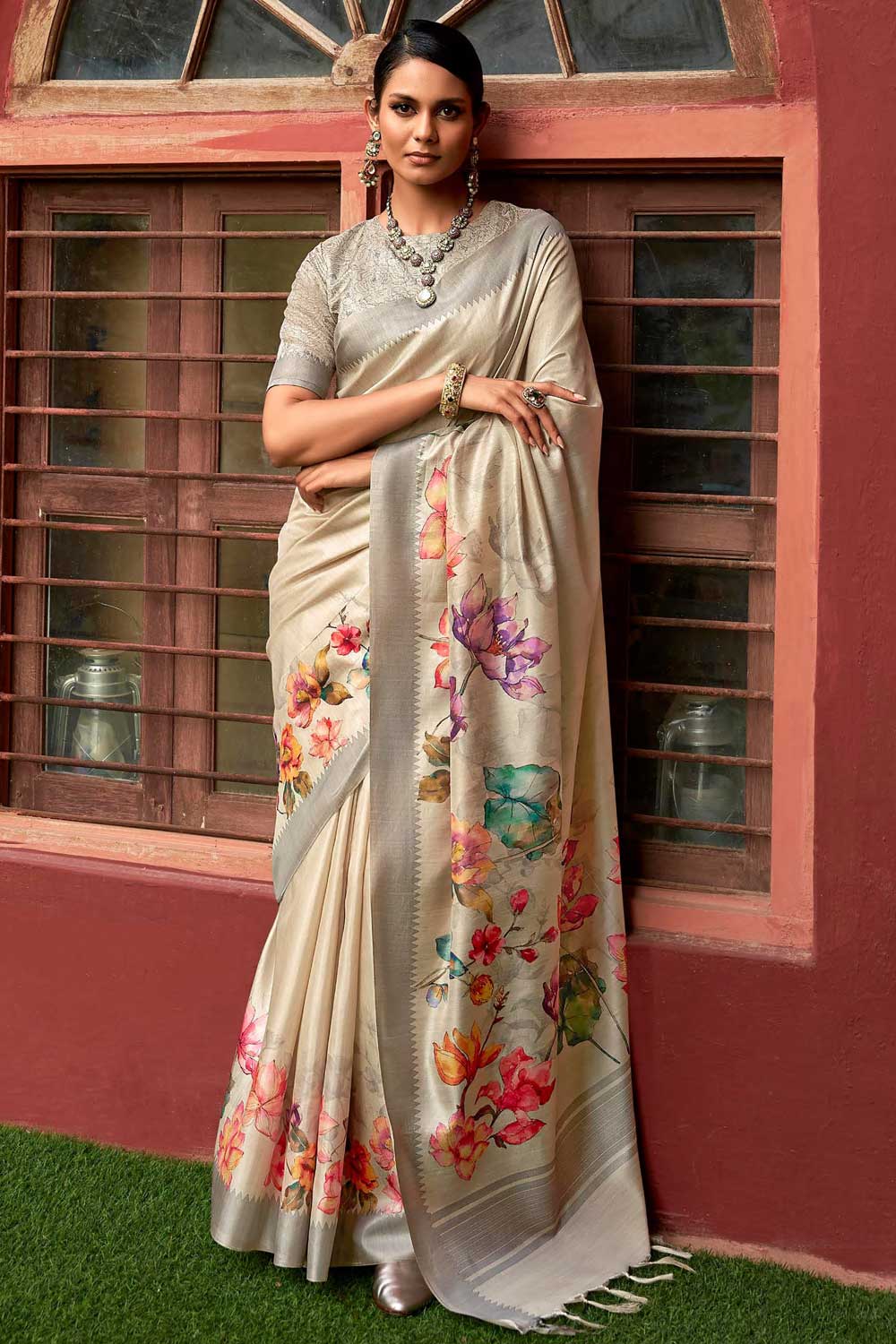 Excellent Art Silk Fabric Beige Color Floral Printed Saree | Buy Online India