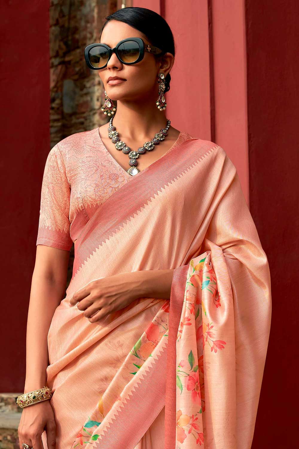 Peach Color Art Silk Fabric Coveted Floral Printed Saree | Buy Online India