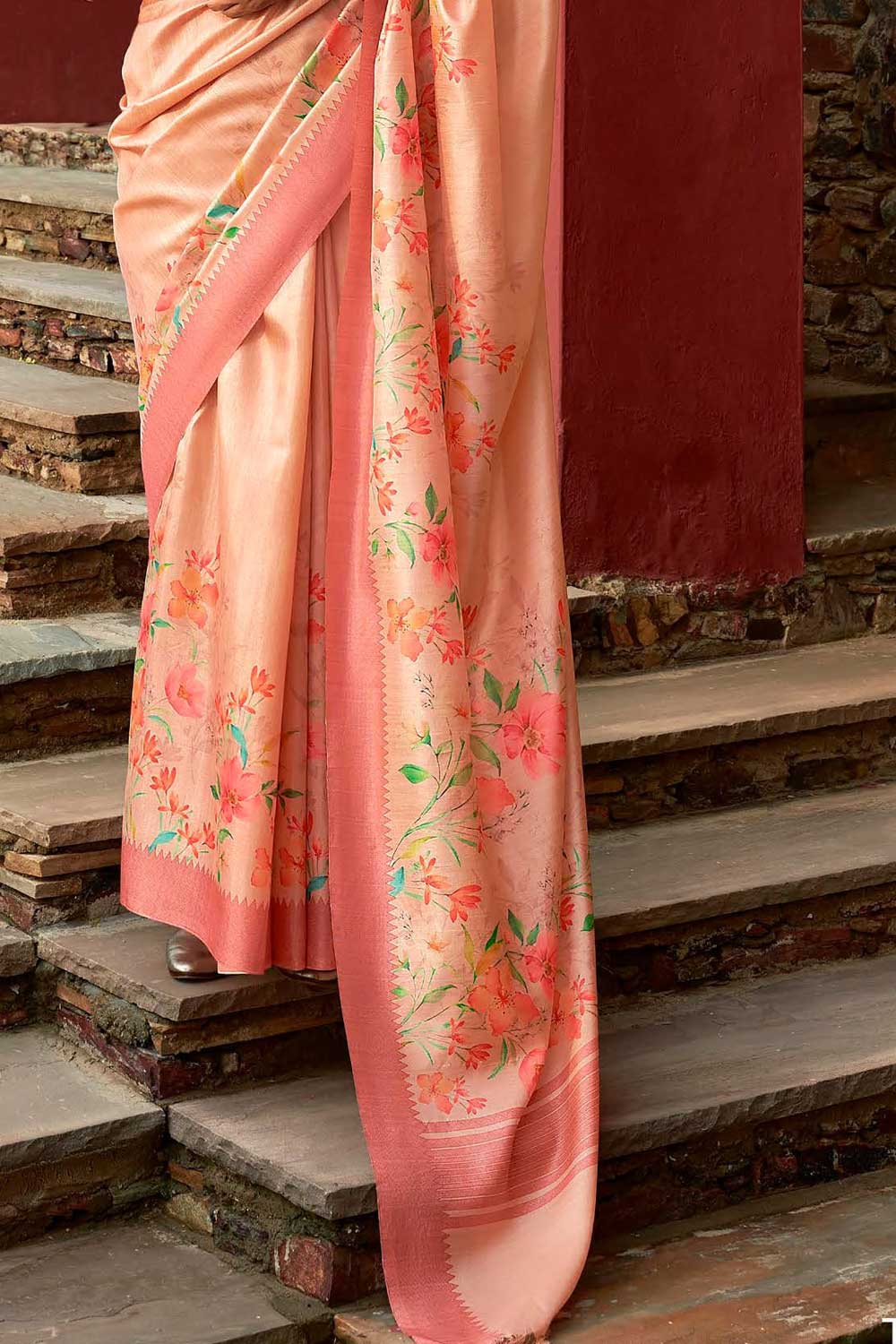 Peach Color Art Silk Fabric Coveted Floral Printed Saree | Buy Online India
