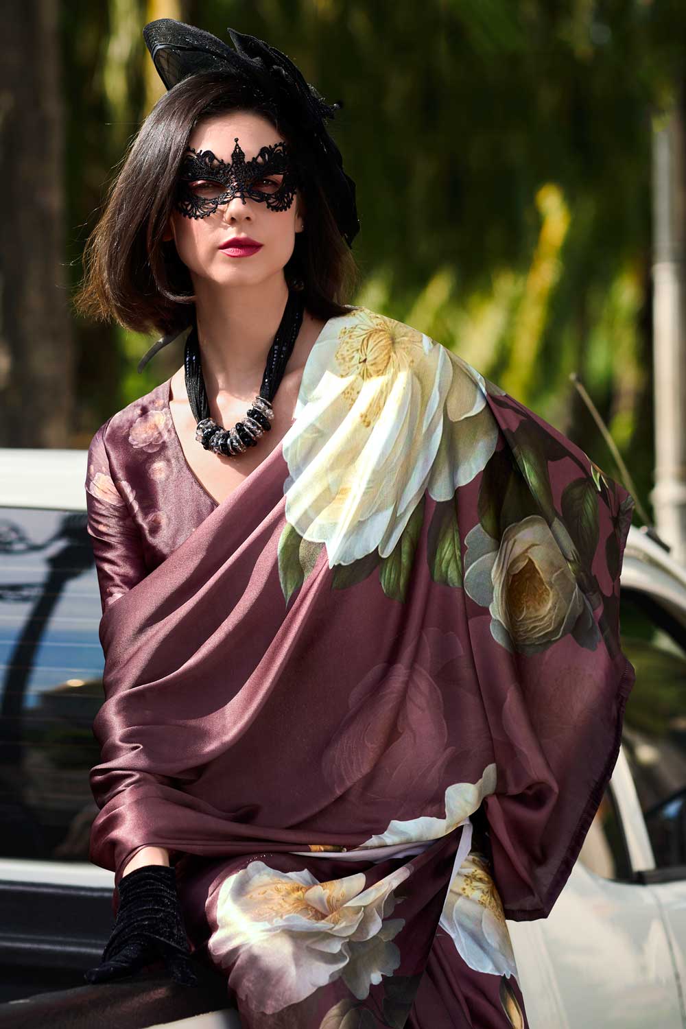 Printed Work On Brown Color Sober Saree In Satin Fabric | Buy Online India