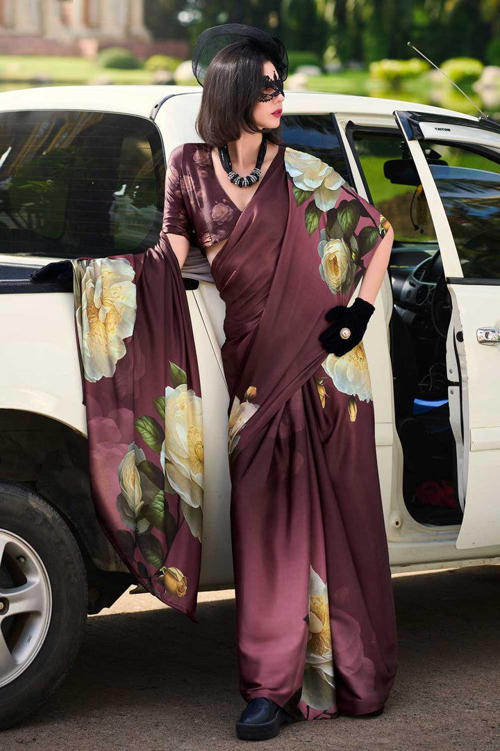 Printed Work On Brown Color Sober Saree In Satin Fabric | Buy Online India