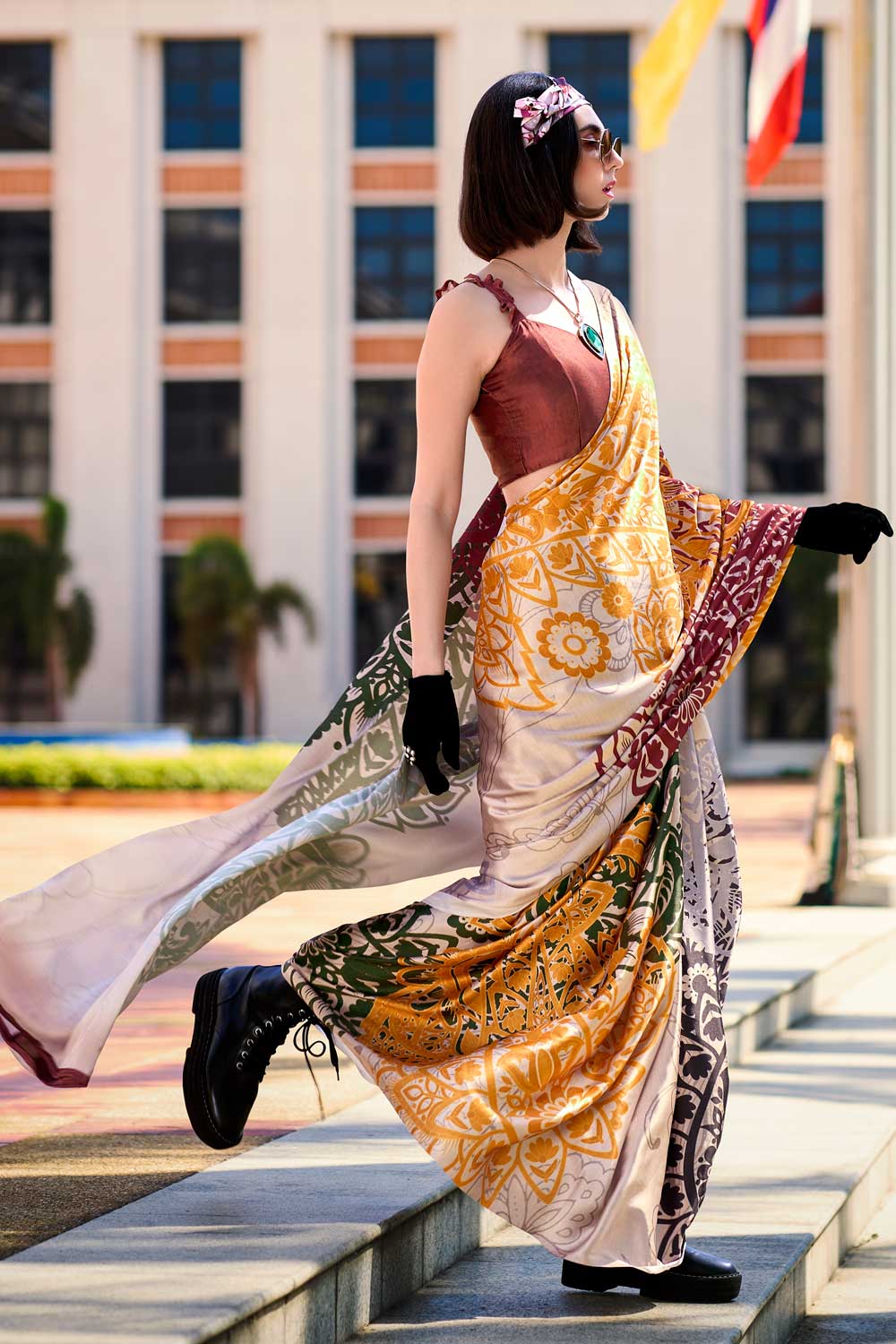 Creative Printed Work On Multi Color Satin Fabric Saree | Buy Online India