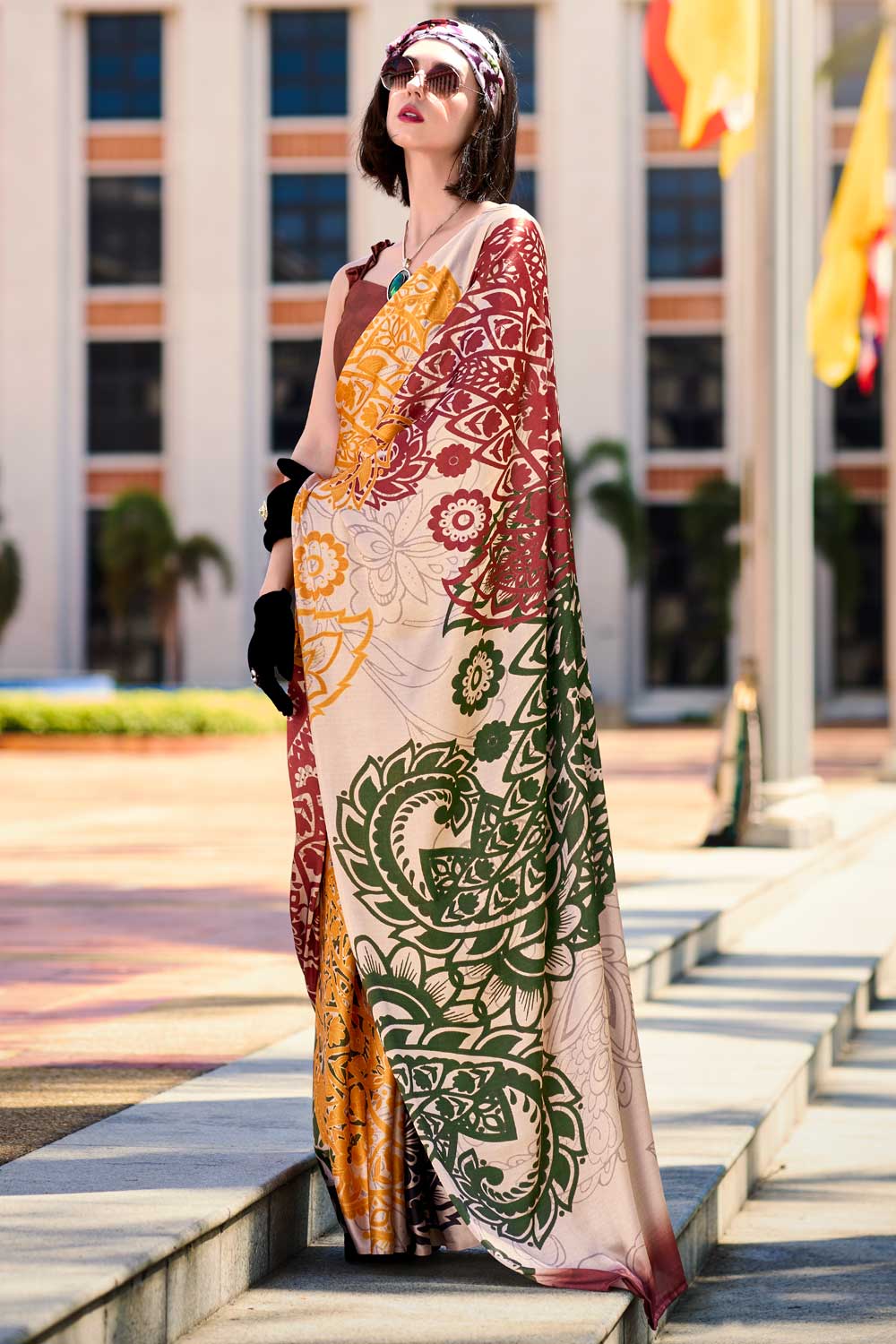 Creative Printed Work On Multi Color Satin Fabric Saree | Buy Online India