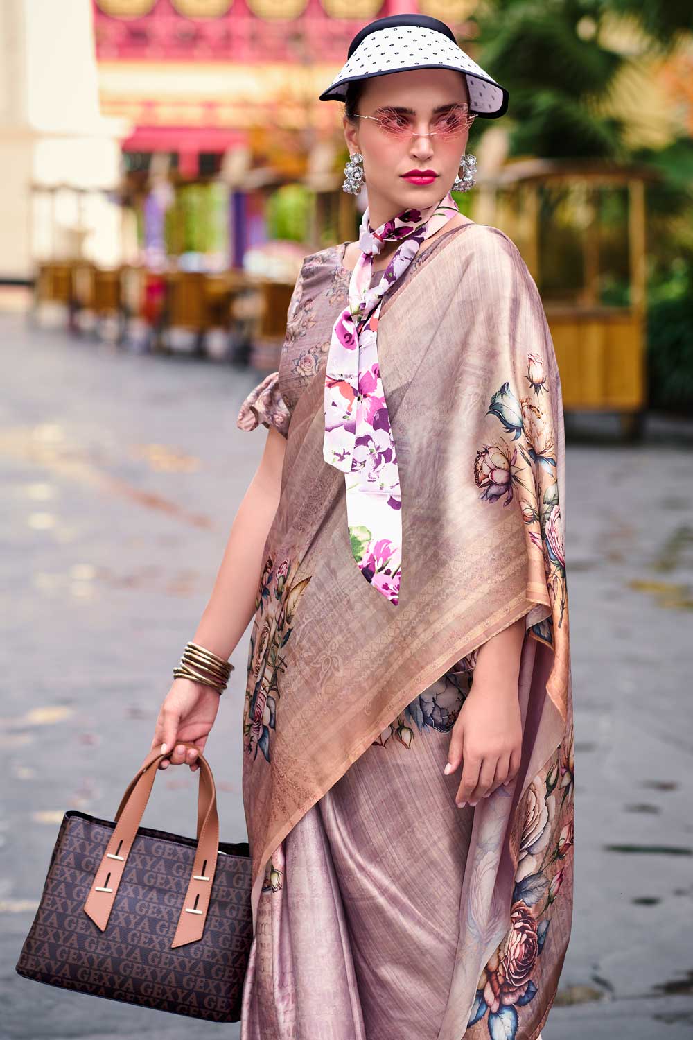 Excellent Satin Fabric Beige Color Saree With Printed Work | Buy Online India