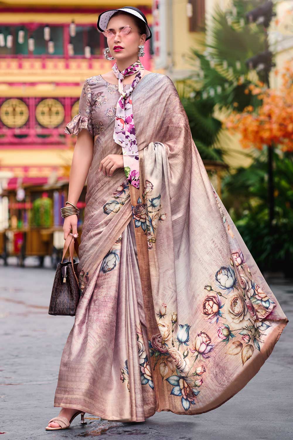 Excellent Satin Fabric Beige Color Saree With Printed Work | Buy Online India