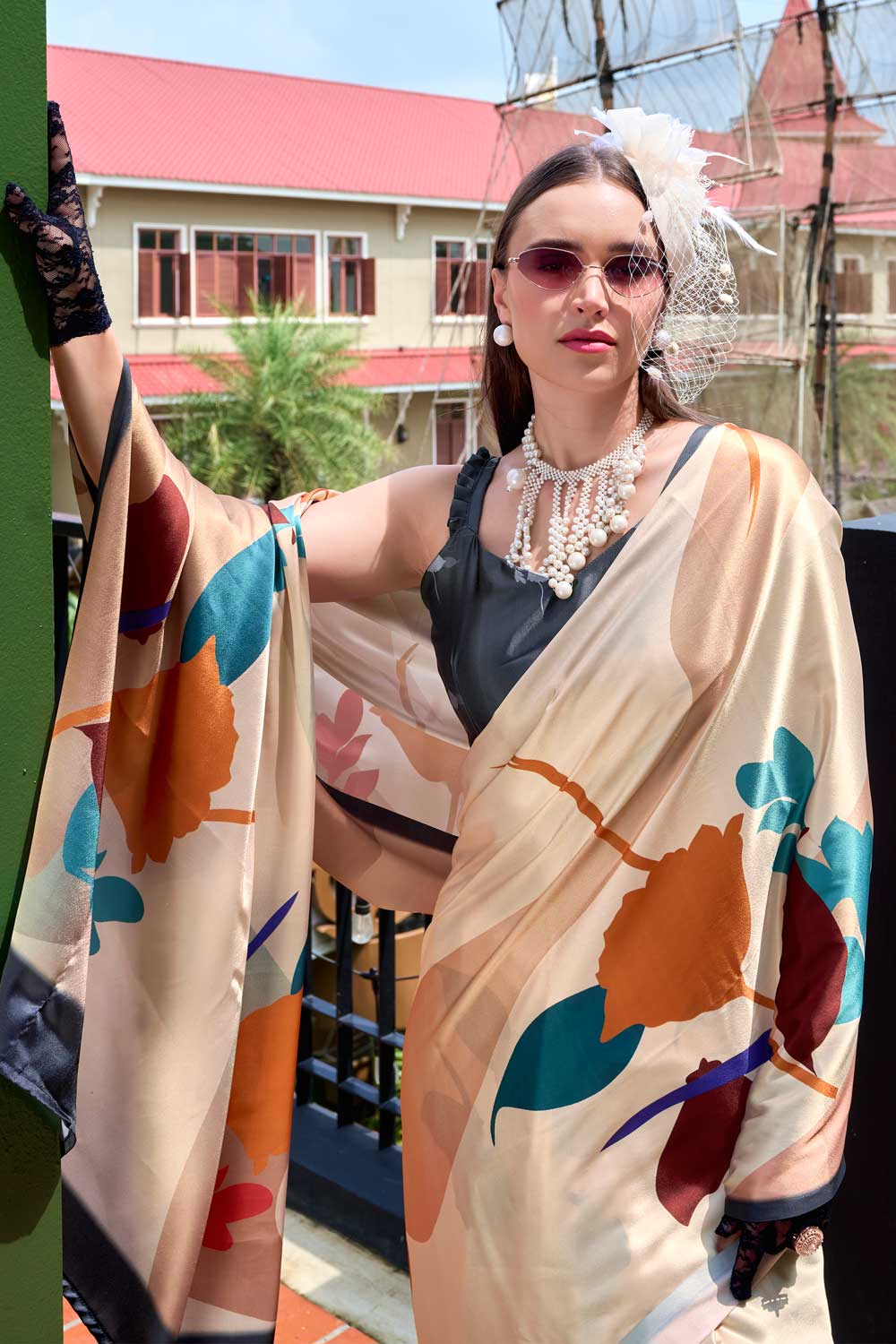 Beguiling Printed Work On Cream Color Satin Fabric Saree | Buy Online India