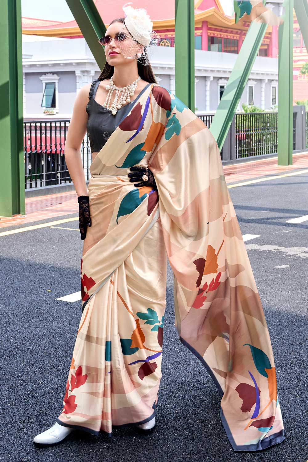 Beguiling Printed Work On Cream Color Satin Fabric Saree | Buy Online India