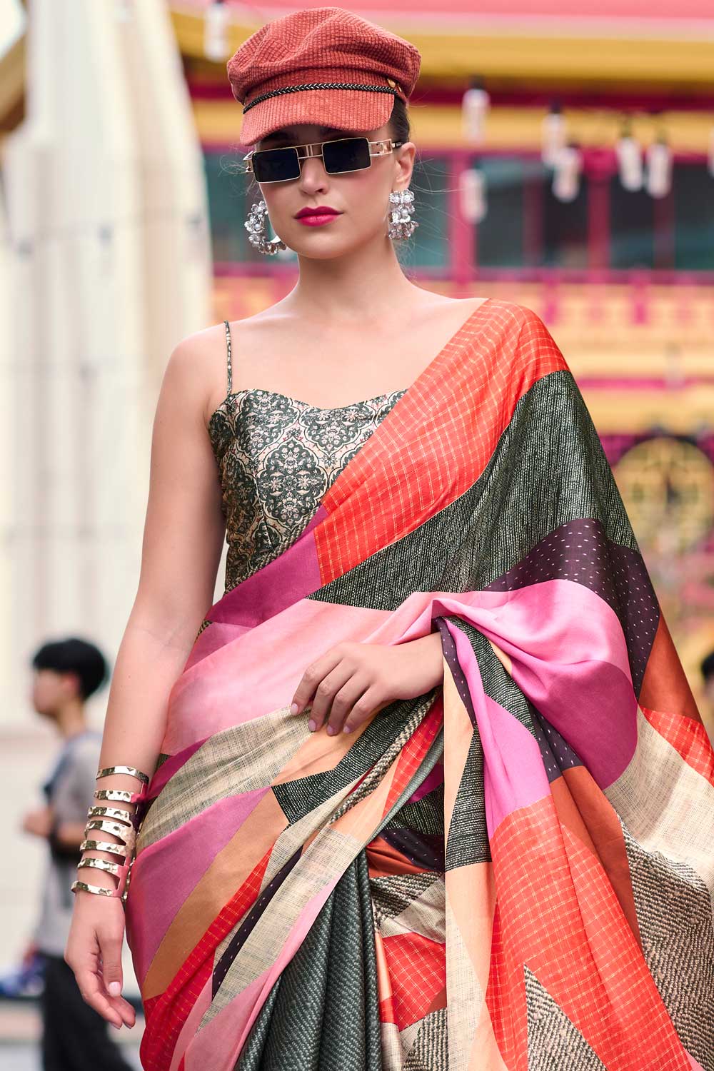 Incredible Printed Work On Satin Fabric Olive Color Saree | Buy Online India