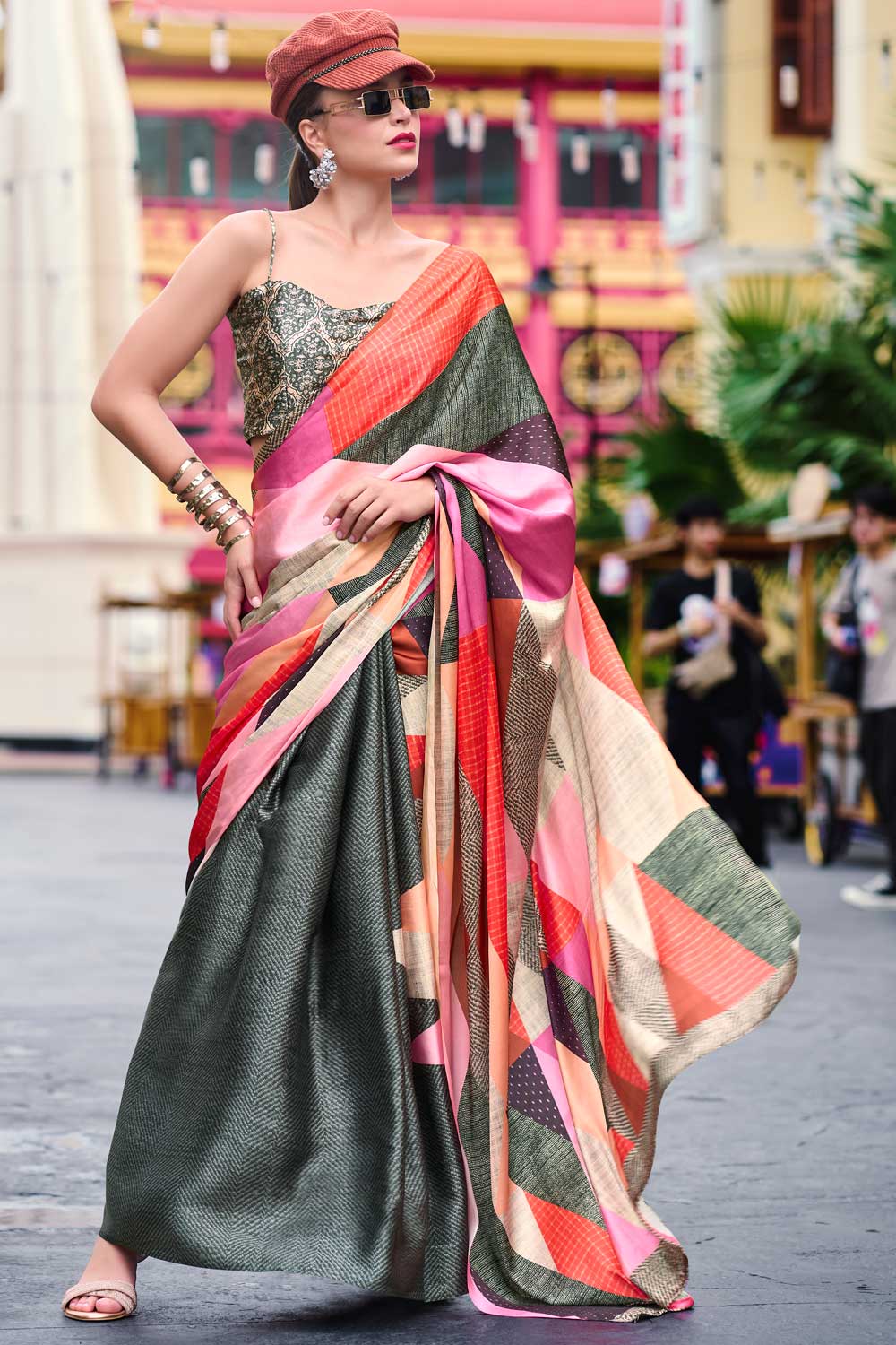 Incredible Printed Work On Satin Fabric Olive Color Saree | Buy Online India