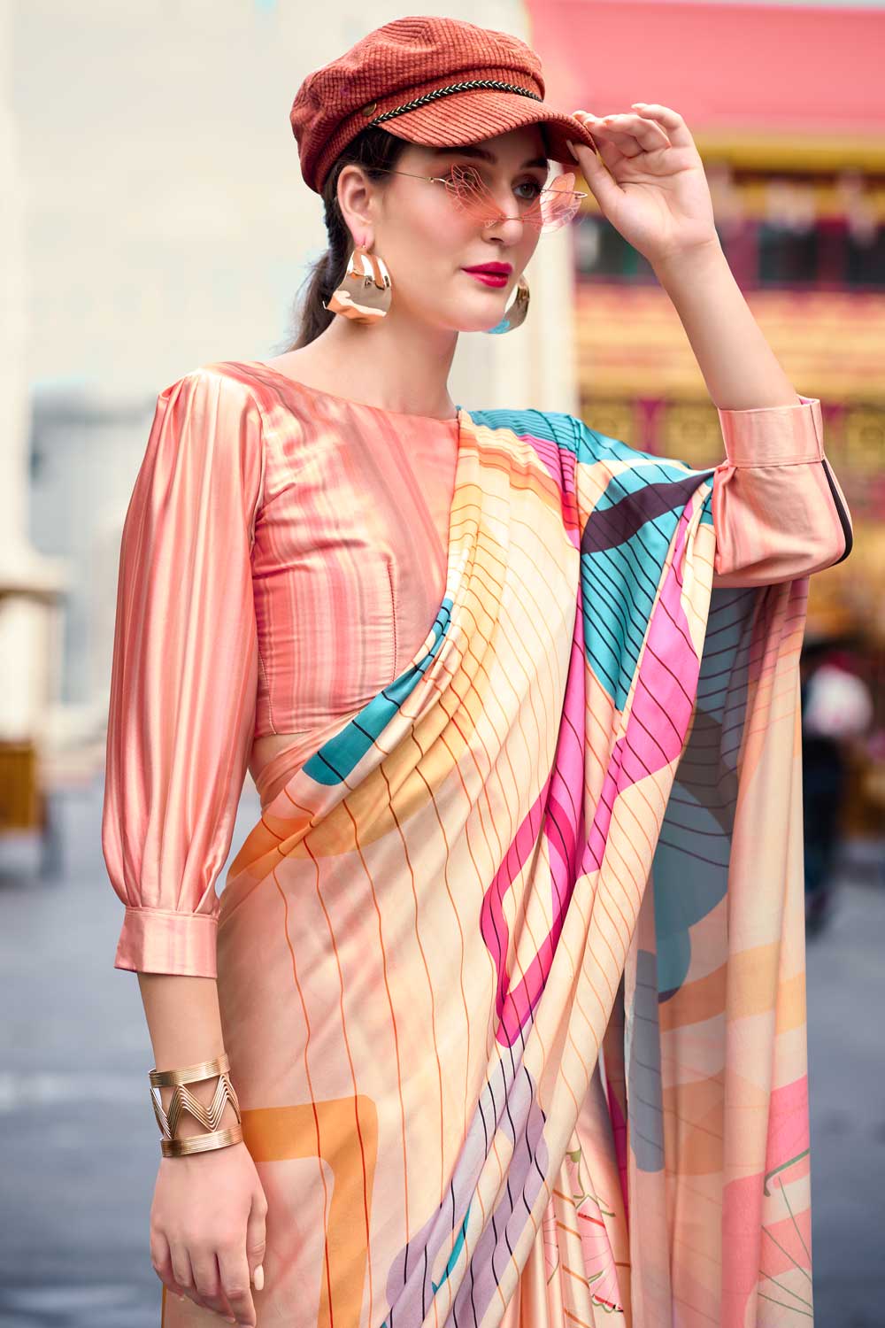 Tempting Satin Fabric Multi Color Saree With Printed Work | Buy Online India