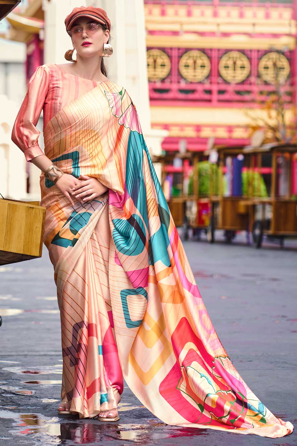 Tempting Satin Fabric Multi Color Saree With Printed Work | Buy Online India