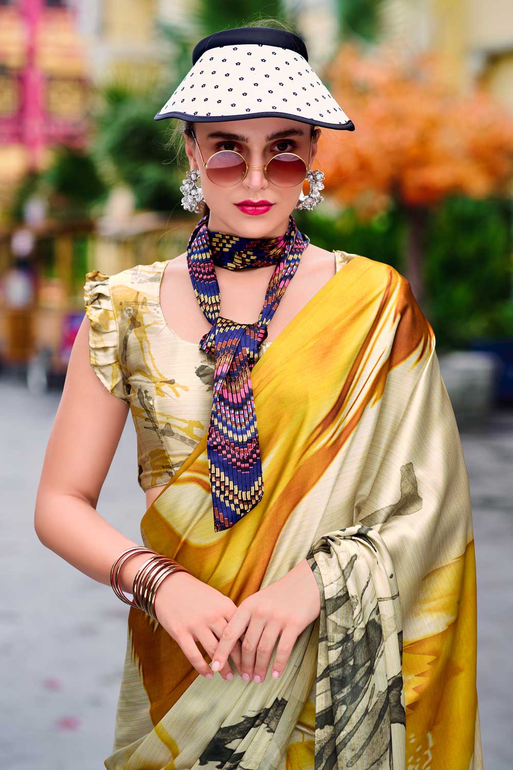 Satin Fabric Multi Color Delicate Saree With Printed Work | Buy Online India