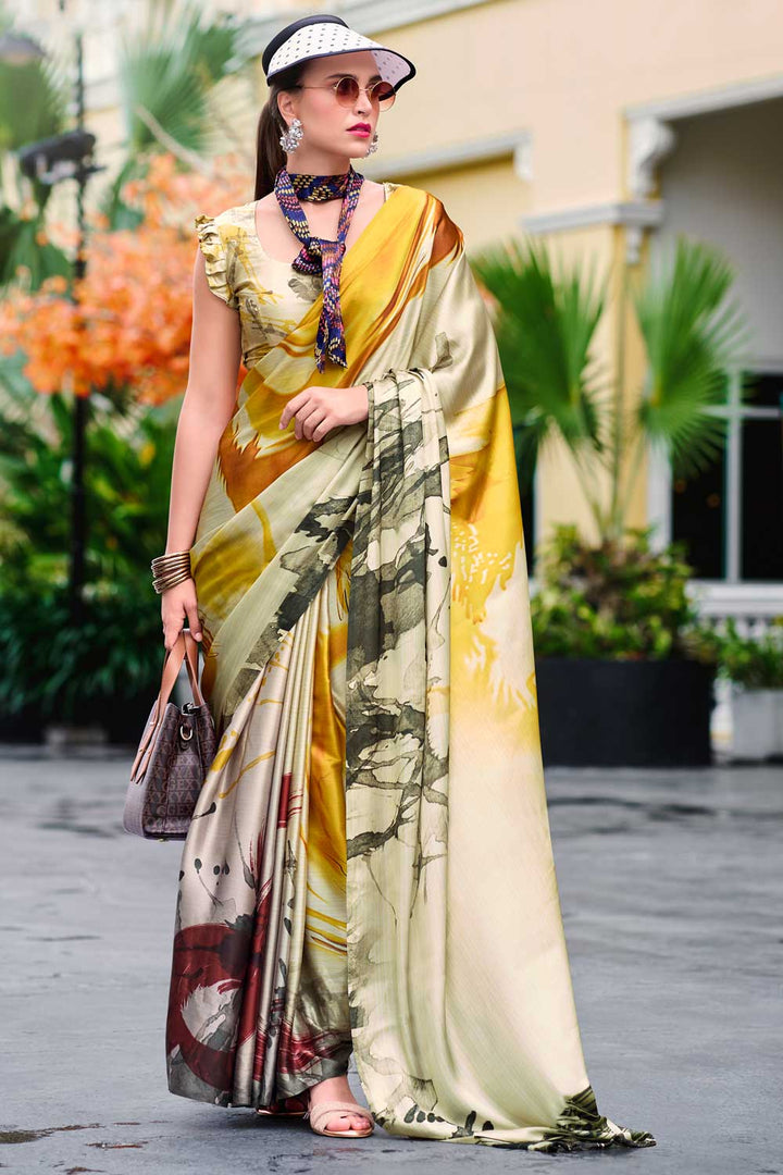 Satin Fabric Multi Color Delicate Saree With Printed Work | Buy Online India