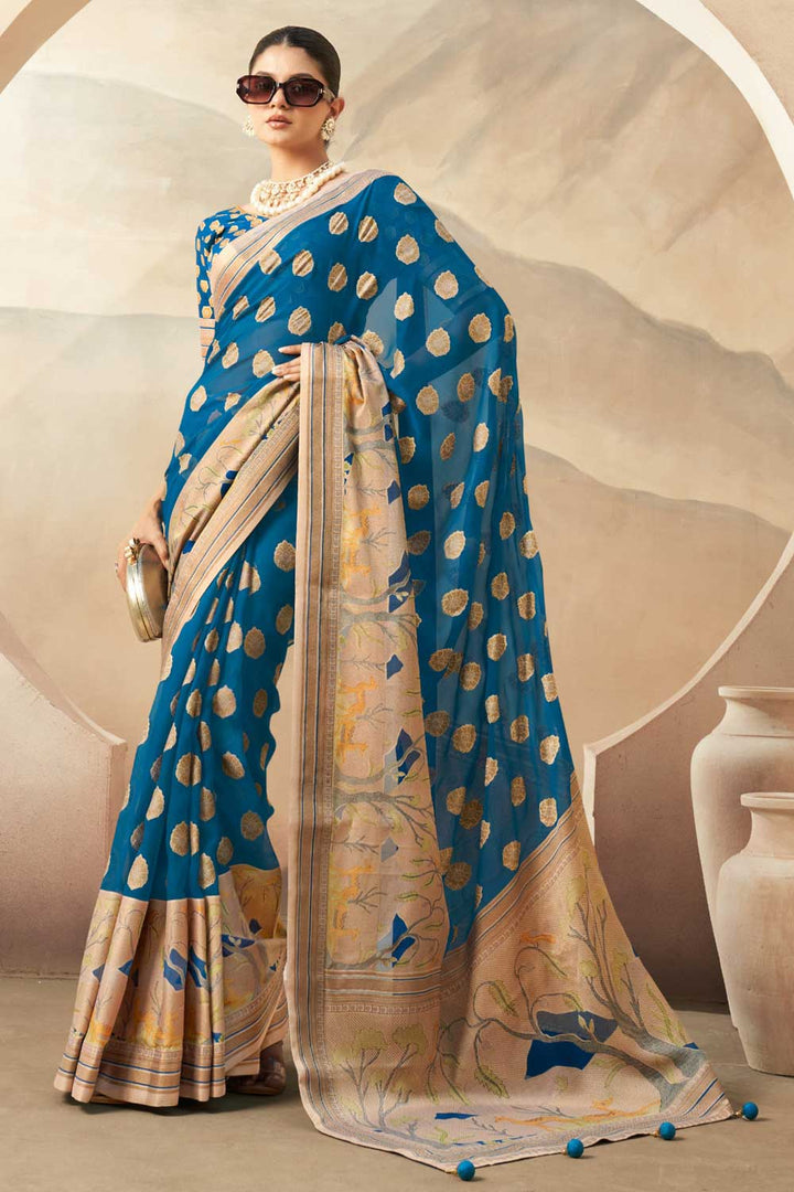 Charming Cyan Color Georgette Fabric Saree With Printed Work | Buy Online India